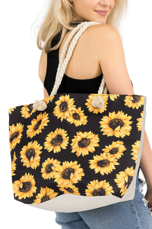 Sunflower Print Rope Handle Canvas Tote Bag