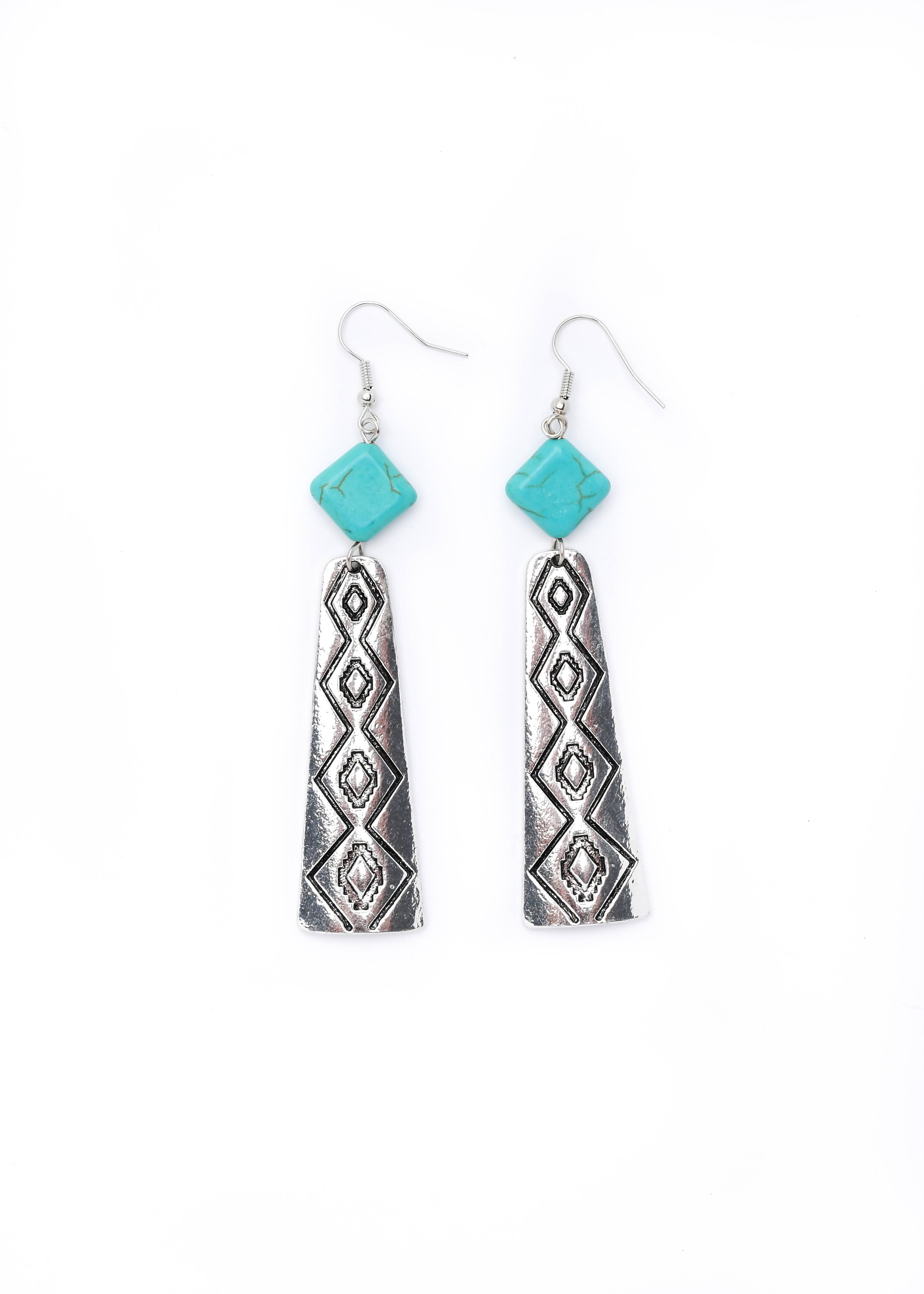 Silver Stamped Elongated Earrings w/ Turquoise Diamond Accent