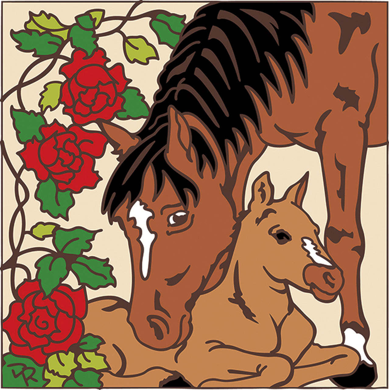 Mare and Foal with Roses Tile