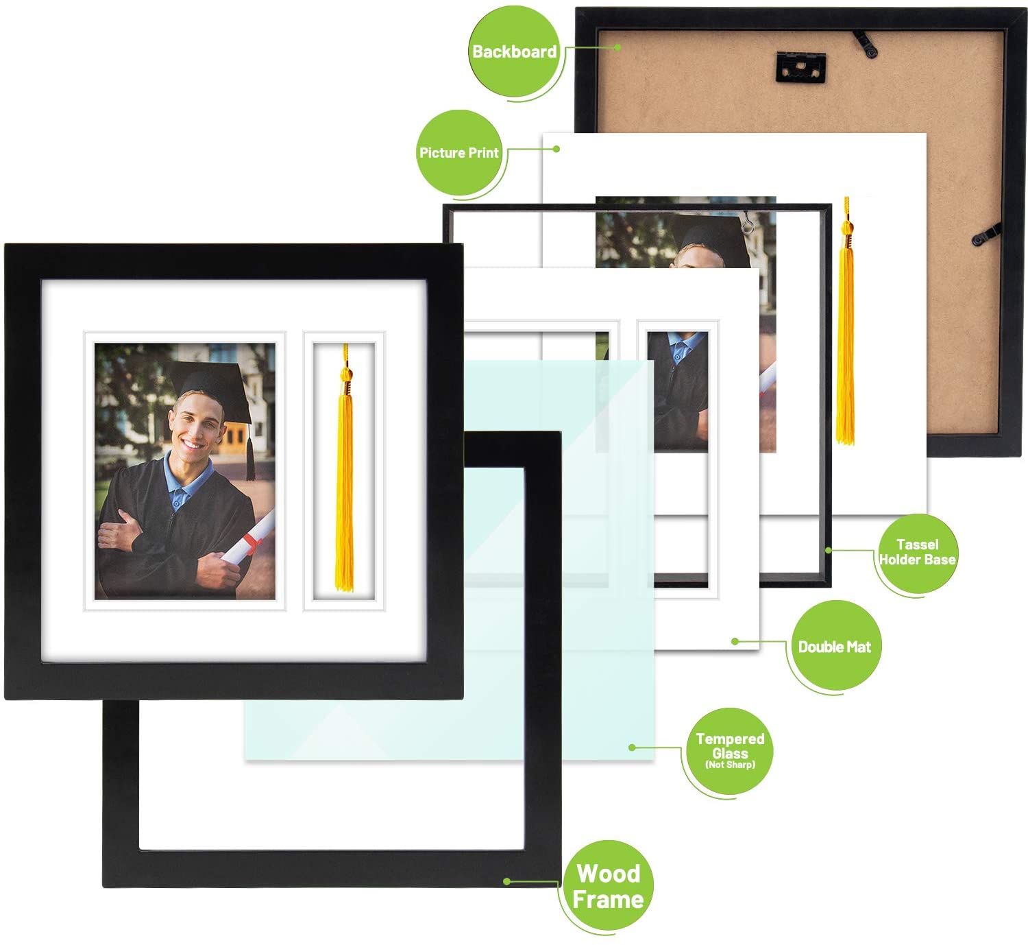 Golden State Art, Graduation Shadow Box Frame with Double Mat, Real Glass and Tassel Insert, Black