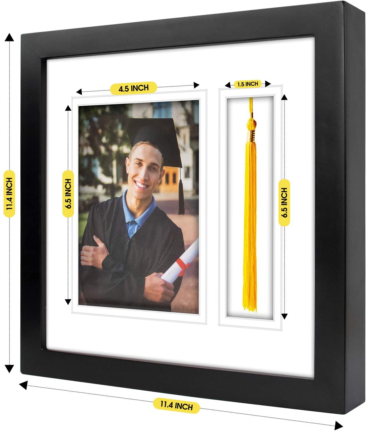 Golden State Art, Graduation Shadow Box Frame with Double Mat, Real Glass and Tassel Insert, Black