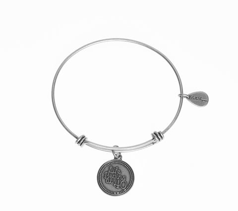 Life Begins at 40 Silver Expandable Bangle Charm Bracelet