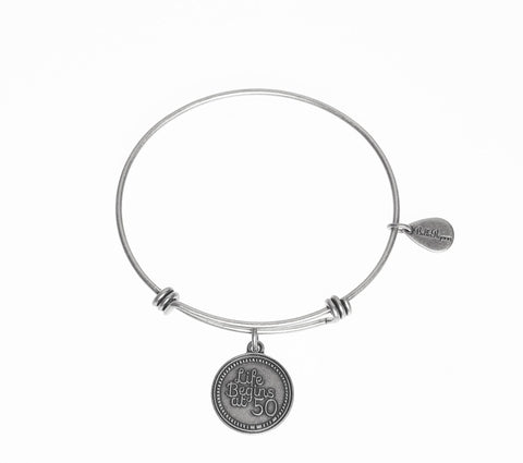 Life Begins at 50 Silver Expandable Bangle Charm Bracelet