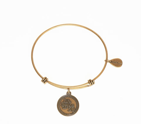 Life Begins at 50 Gold Expandable Bangle Charm Bracelet