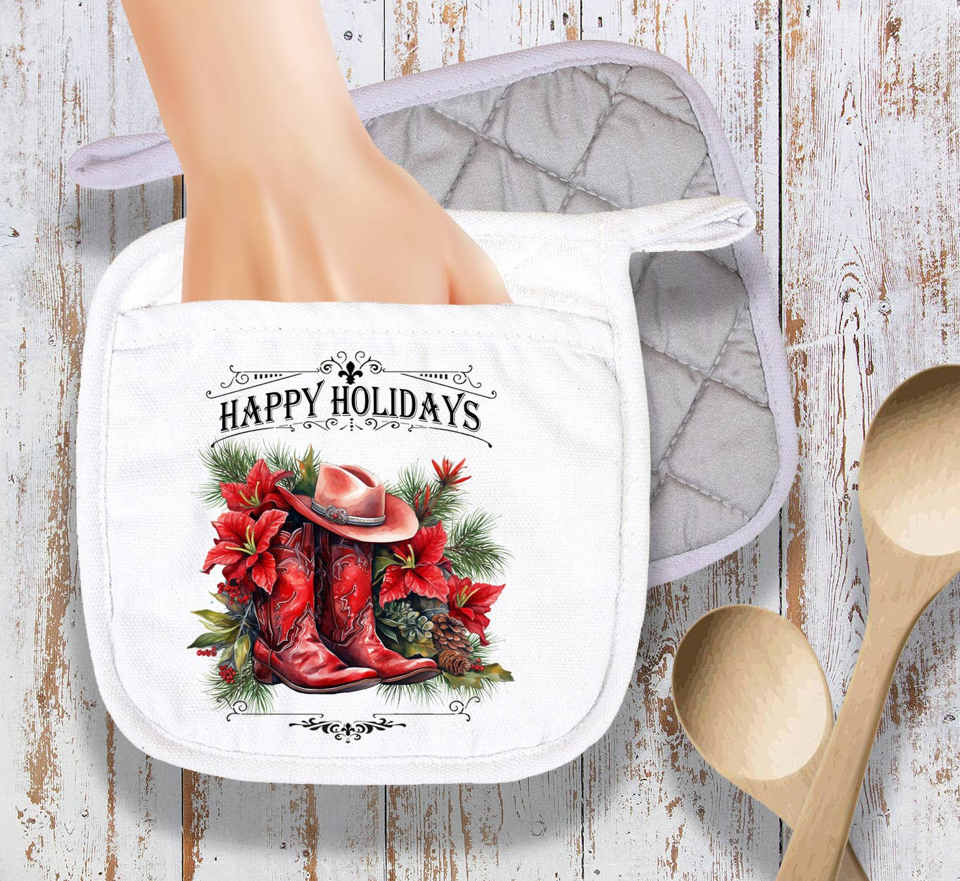 Happy Holidays Red Boots Pot Holder