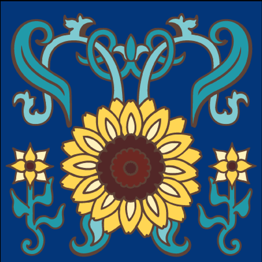 6x6 Tile Art Nouveau Sunflowers Cobalt