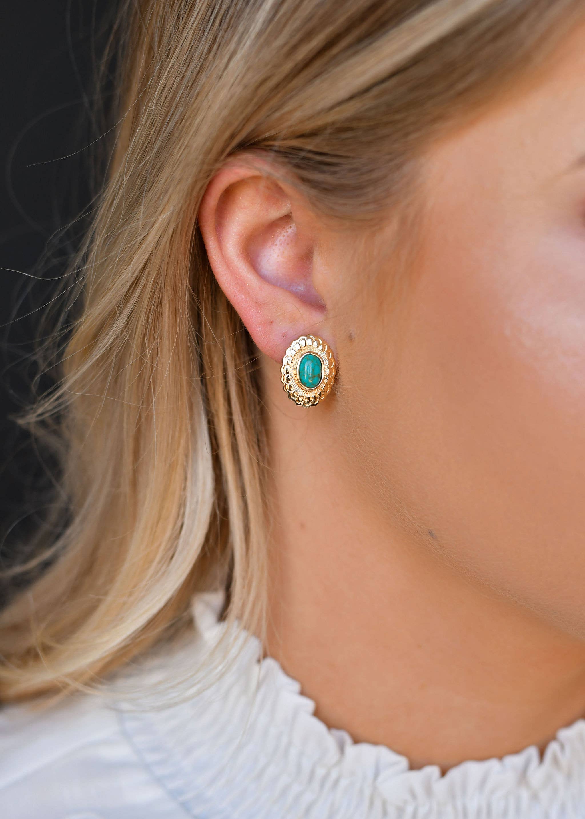 Small Gold Flower Stamped Concho Post Earrings with Turquoise Accent