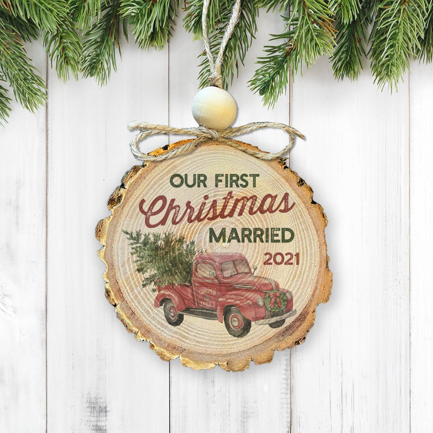 Zoey's Attic Wholesale - Vintage truck first christmas married rustic wood slice ornament