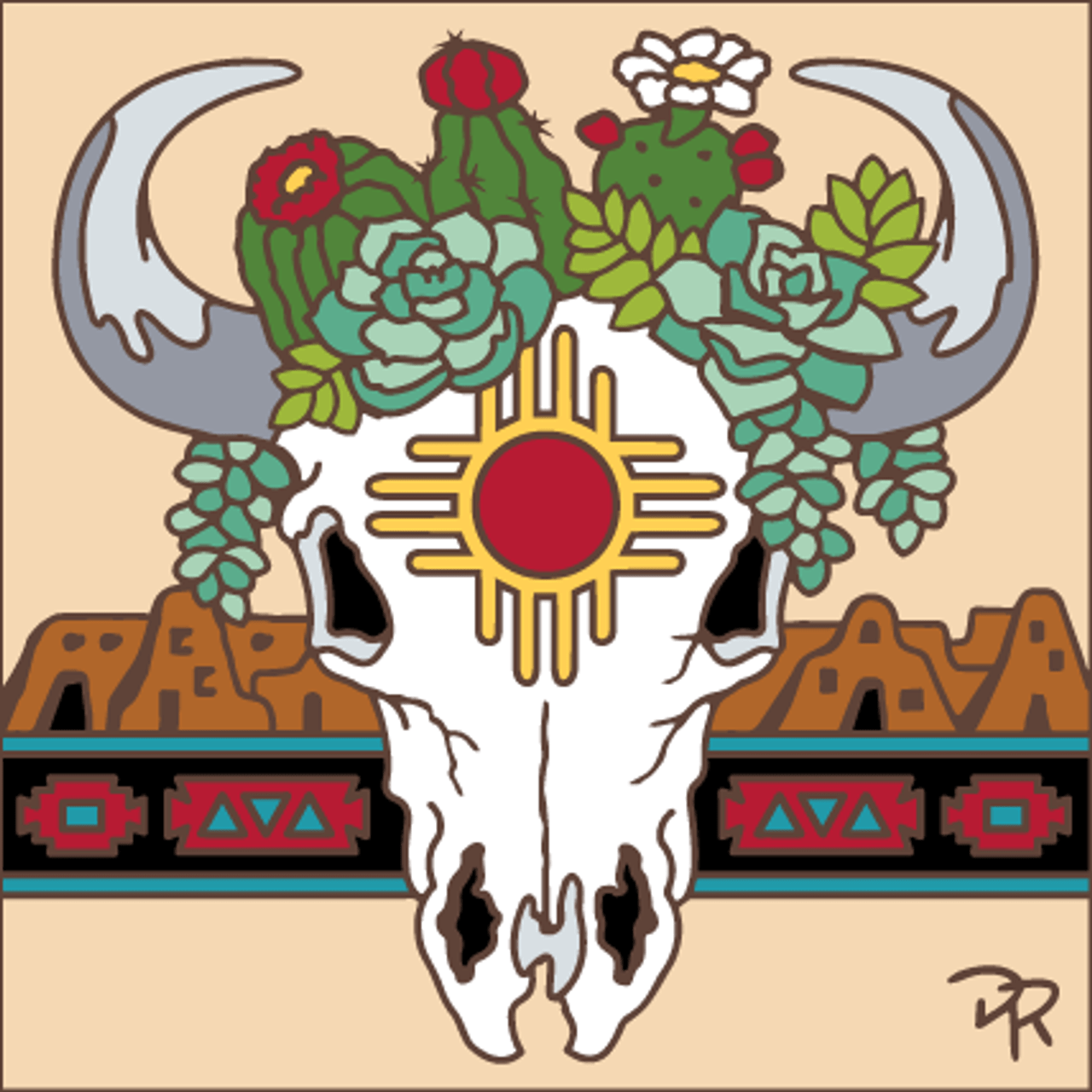 Zia Steer Skull on Adobe with Cactus Tile