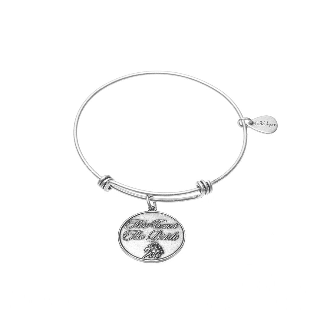 Here Comes The Bride Silver Expandable Bangle Charm Bracelet