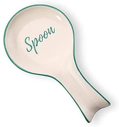 White Ceramic Spoon Rest with Green Letters