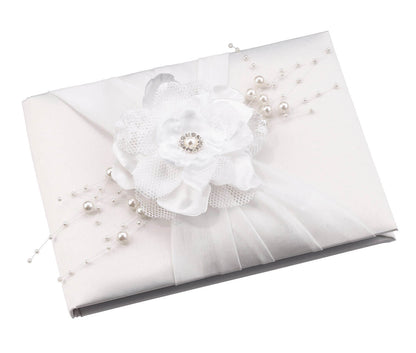 Off White Satin Handmade Flower Wedding Guest Book