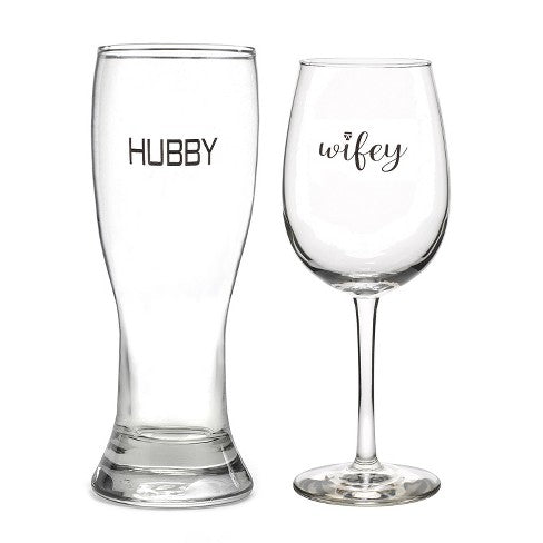 Hubby Pilsner Glass & Wifey Wine Glass Set