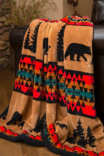 Bear Trail w/Black Sherpa Throw Blanket JP868
