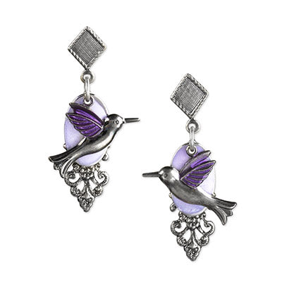 Silver Forest Hummingbird on Purple Cloud Filigree Earrings