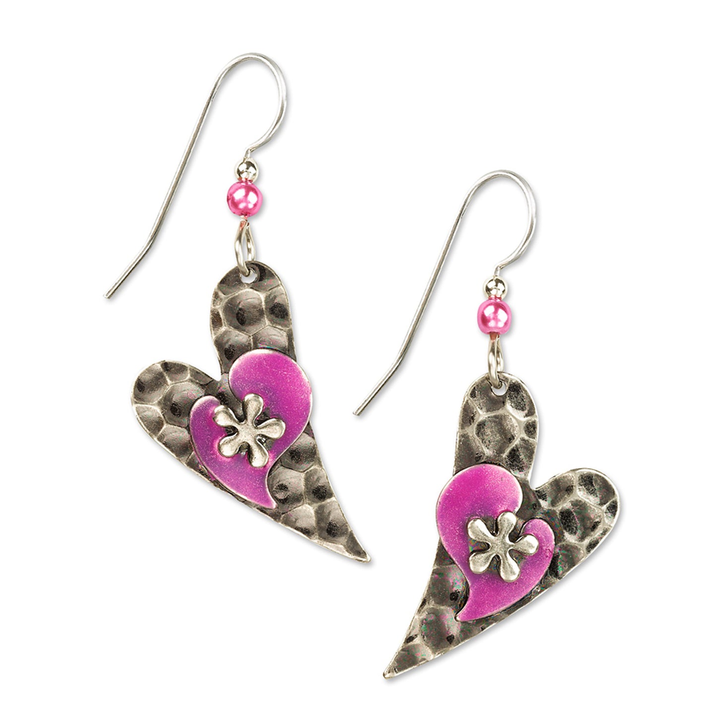 Silver Forest Pink Flower On Modern Heart Earrings