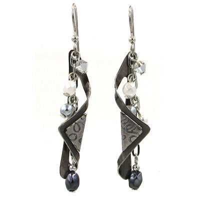 Silver Forest White Beaded Chain and Metal Fold Earrings