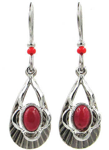 Silver Forest Ribbed Open Tear and Red Stone Earrings