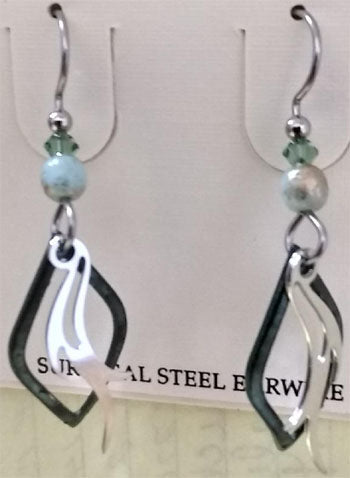 Silver Forest Green Diamond and Silver Wave Earrings