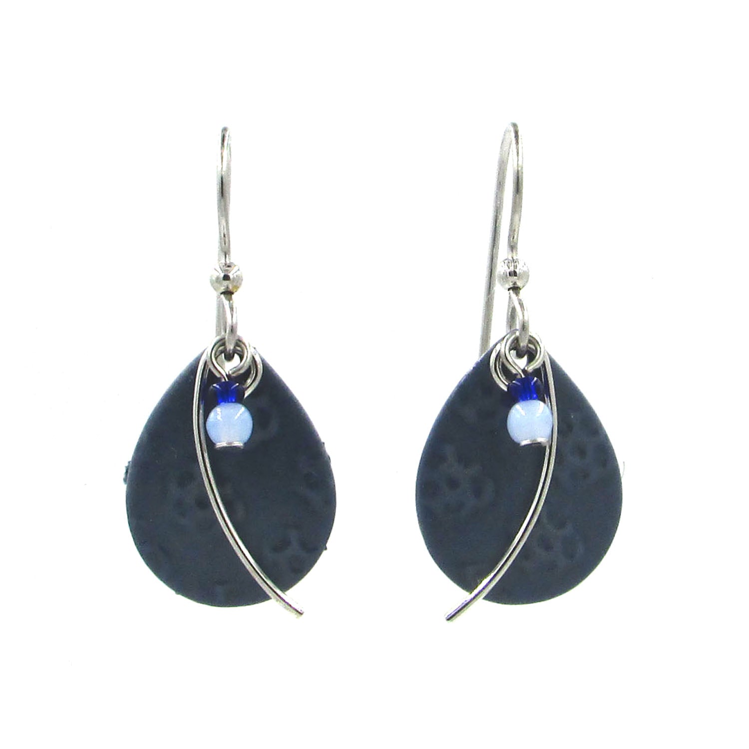 Silver Forest Teardrop Wisp and Blue Bead Earrings