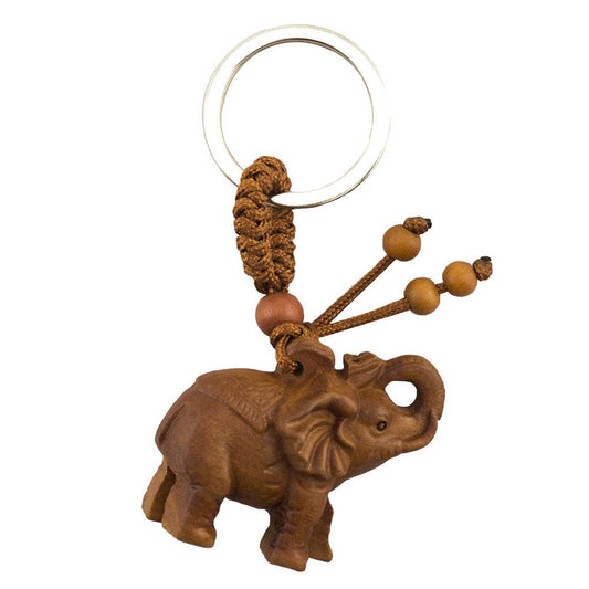 Elephant-Carved Wood Keychain