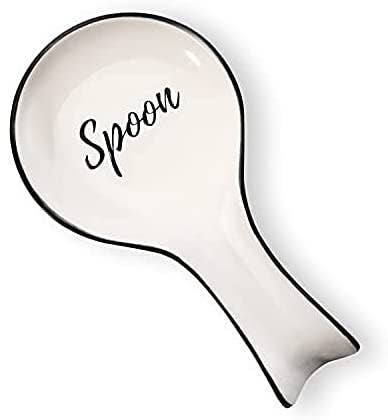 White Ceramic Spoon Rest with Black Letters