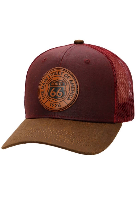 Route 66 Patch Faux Oiled Leather Burgandy Brown Trucker Hat