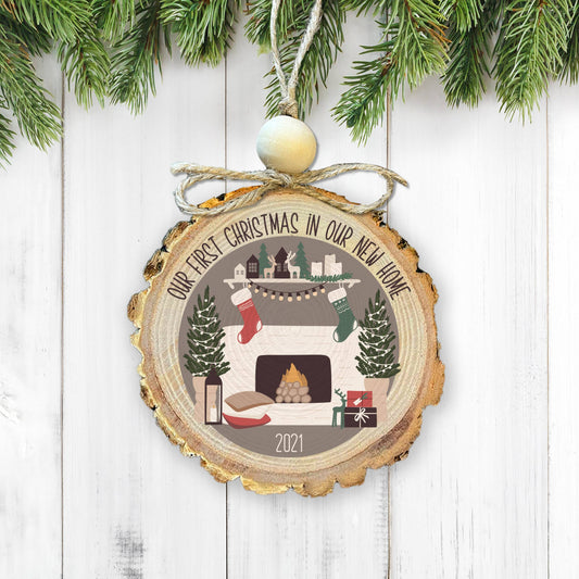 Zoey's Attic Wholesale - Fireplace Rustic First Christmas in our New Home Wood Slice Ornament