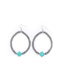 Metallic Silver Dangle Hoop Earrings w/ Turq Diamond Accent
