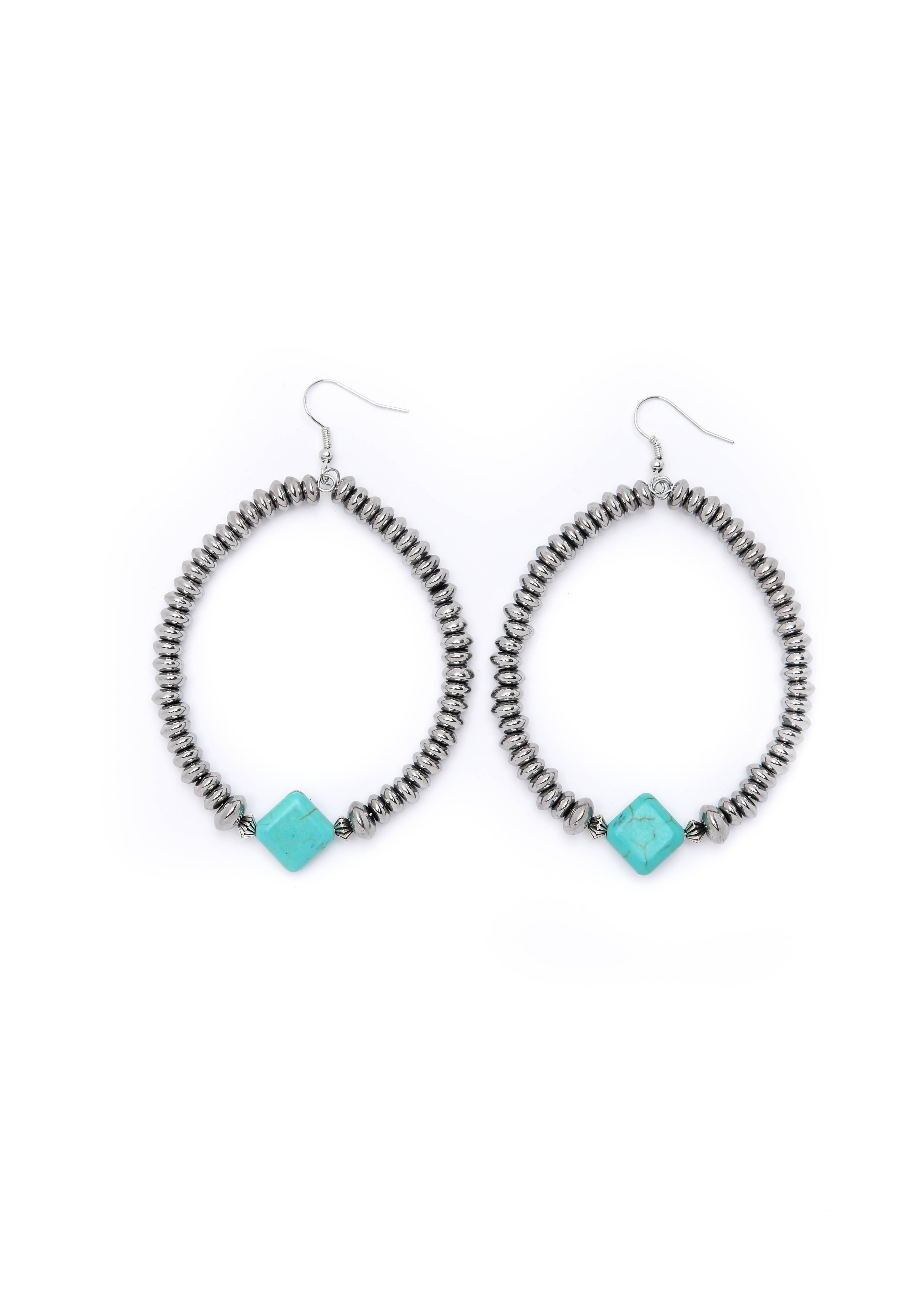 Metallic Silver Dangle Hoop Earrings w/ Turq Diamond Accent