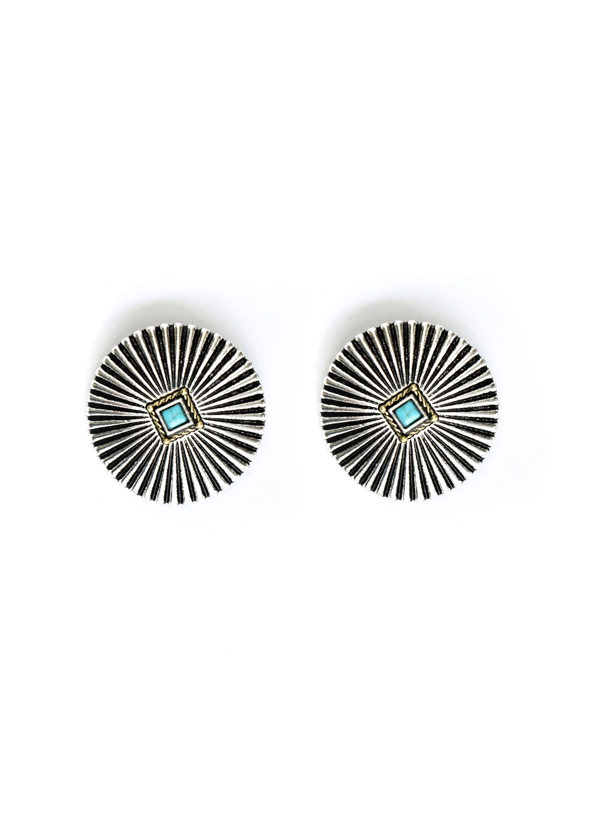 Silver Burst Post Earrings with Turquoise Accent in Center