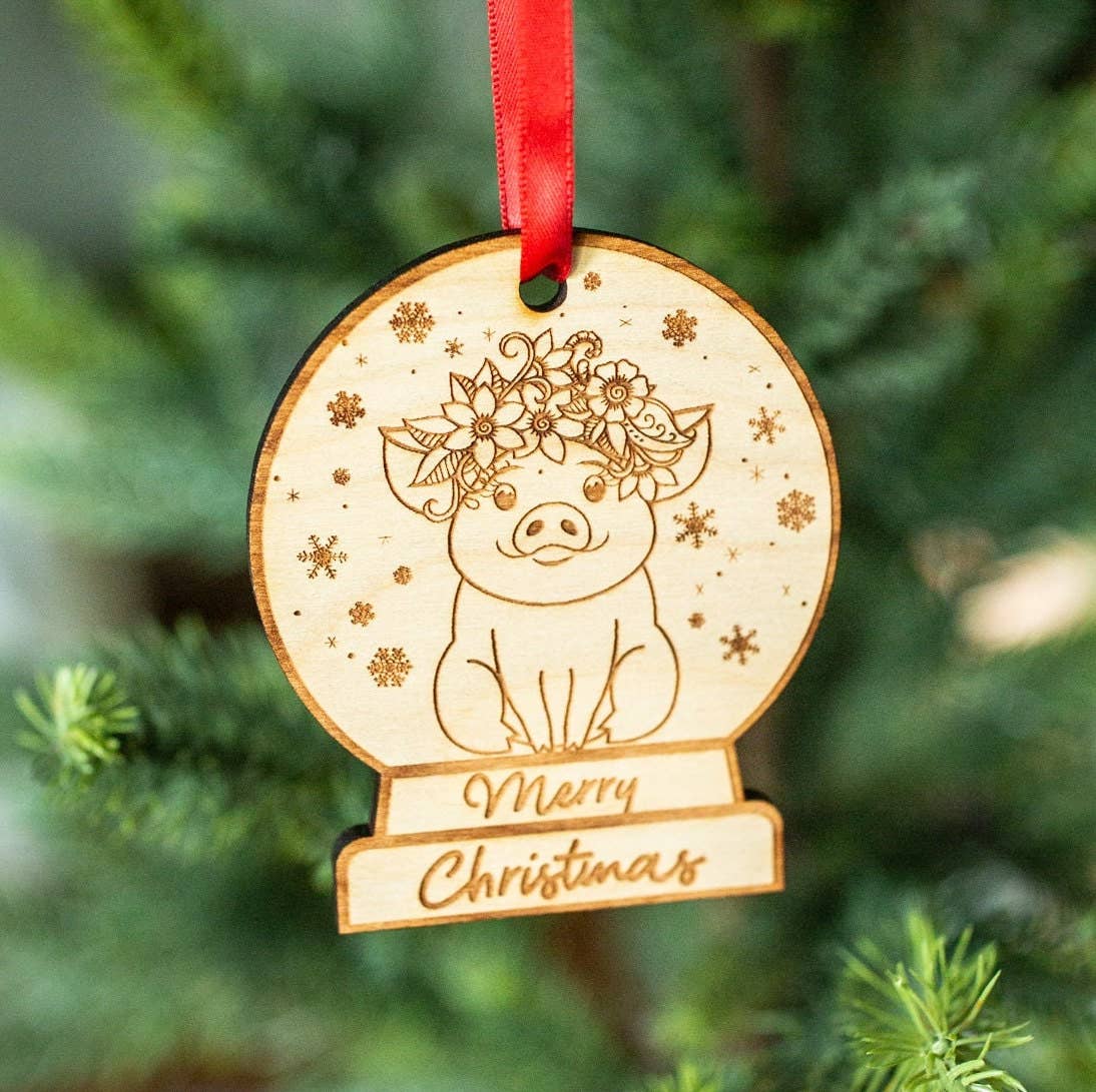 Merry Christmas Pig- Engraved Wooden Christmas Ornament