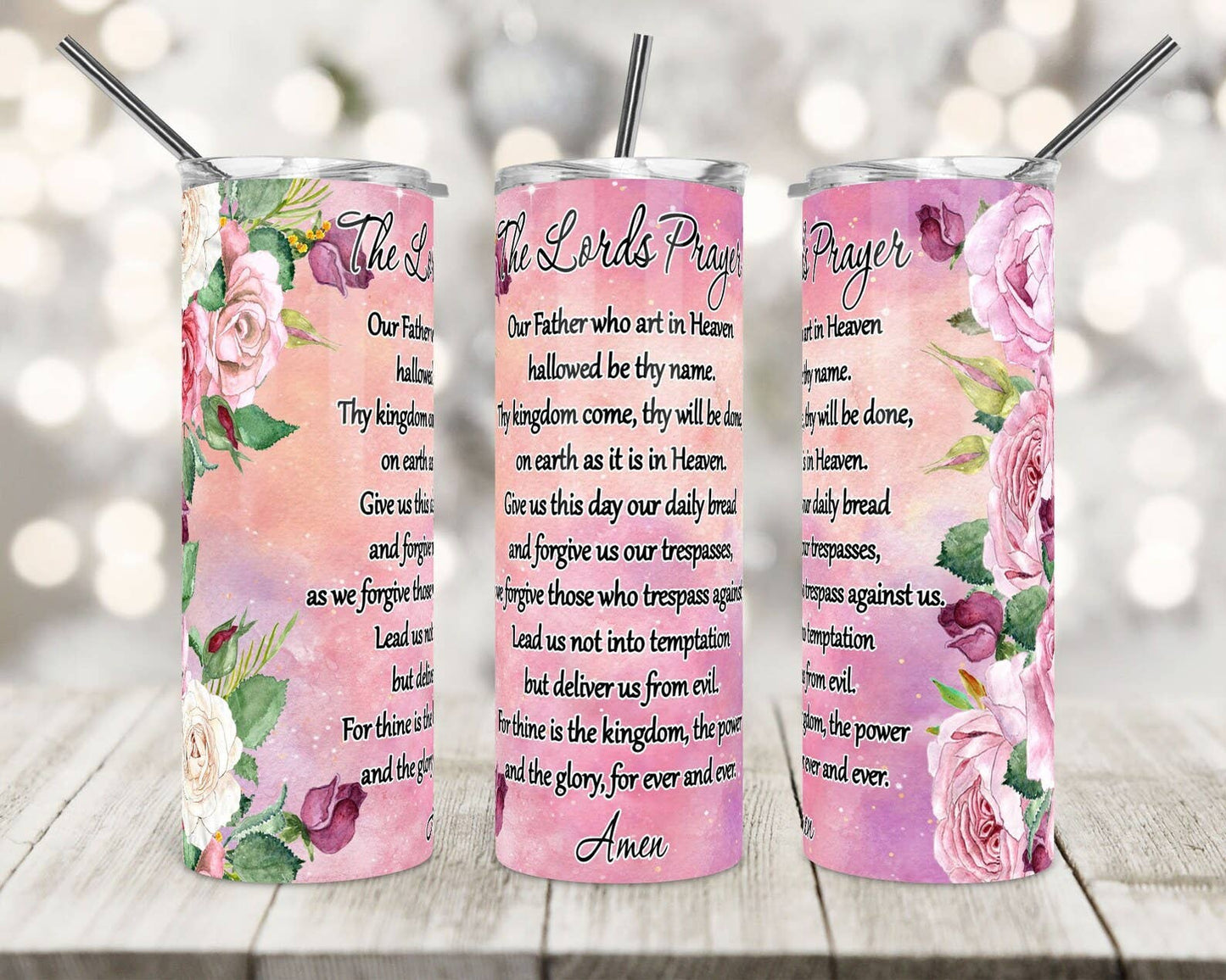 The Lords Prayer Tumbler Pink Skinny 20oz