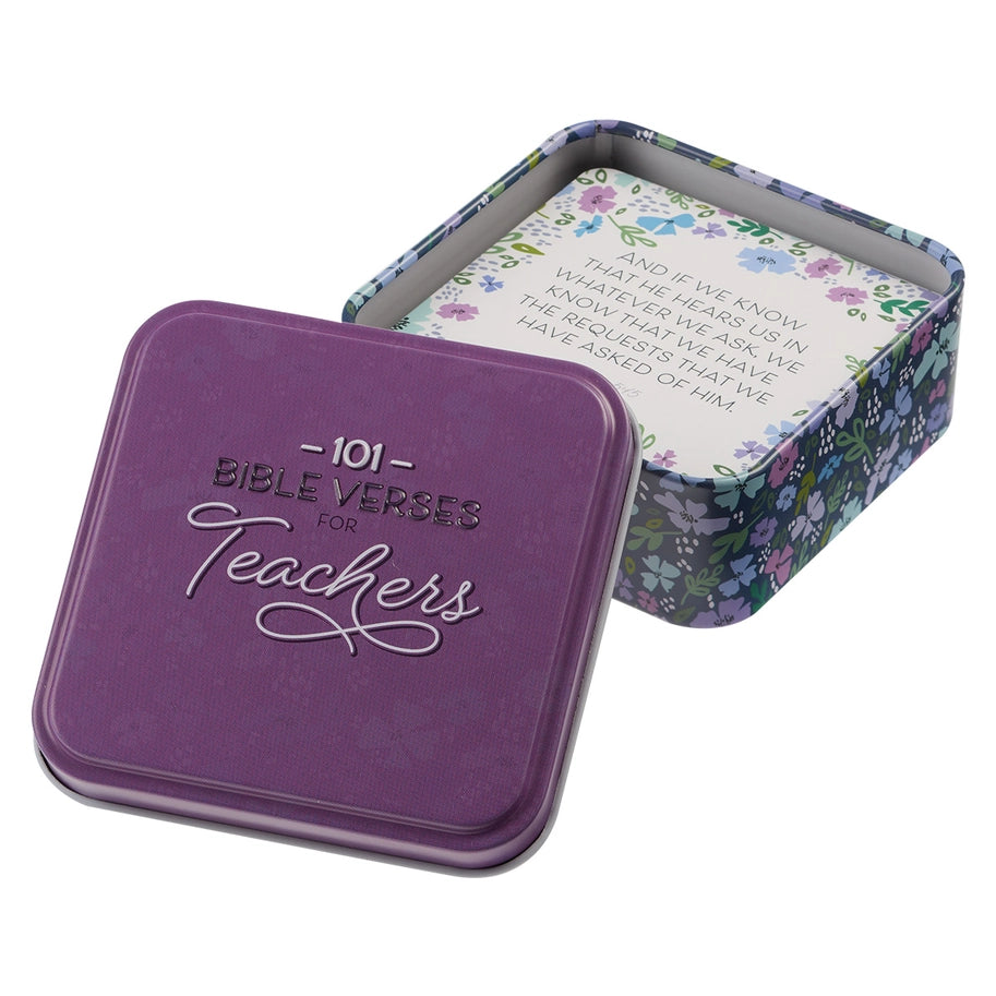 101 Bible Verses For Teachers Purple Scripture Cards in a Tin