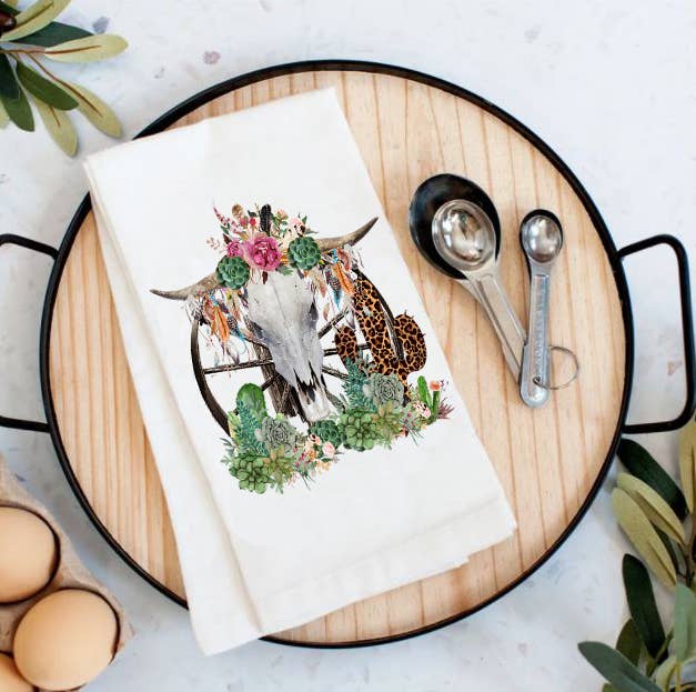 Western Cow Skull Cactus Cotton Towel