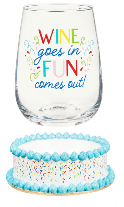 Wine Goes In Fun Comes Out Wine Glass with Coaster