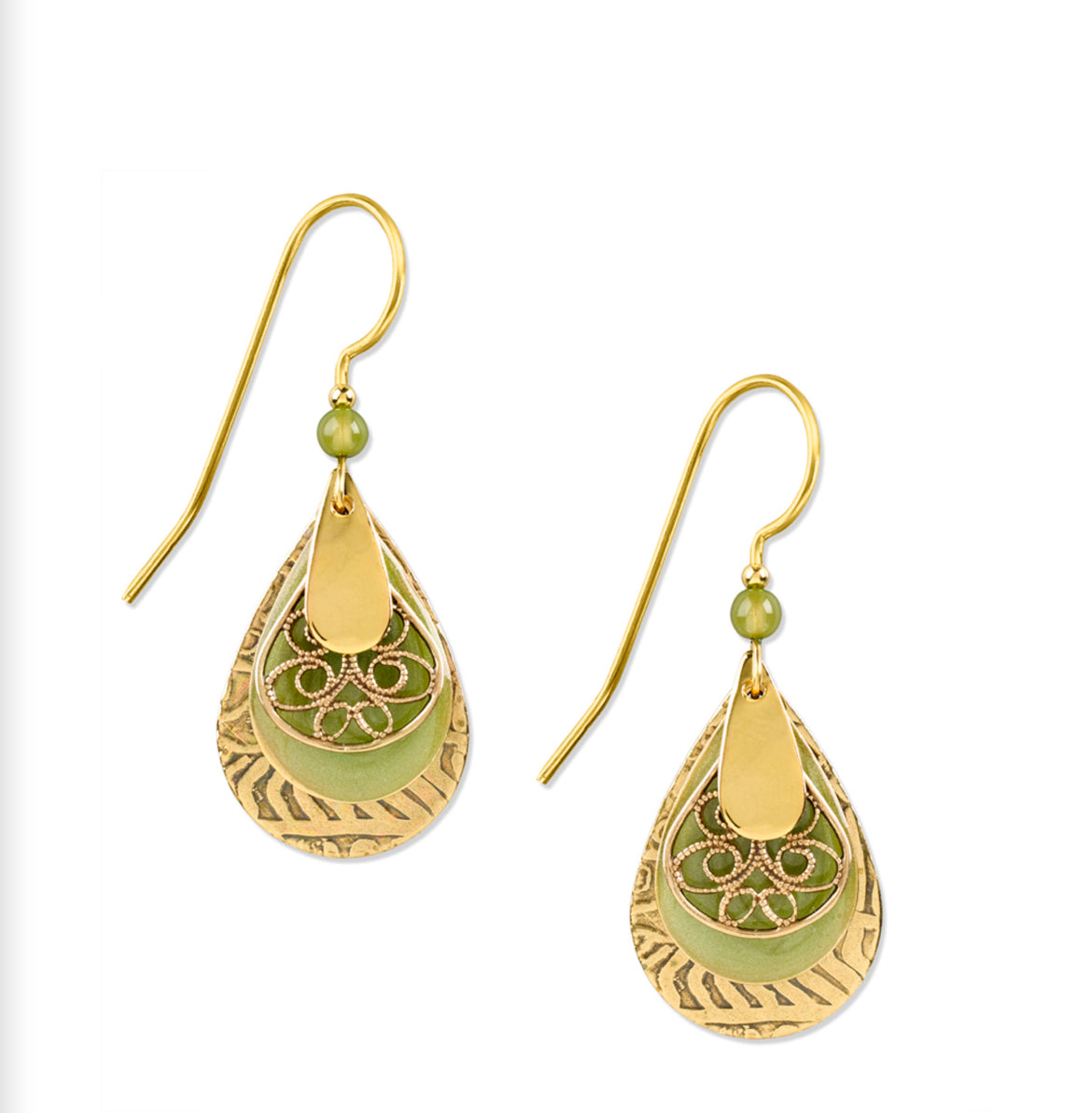 Silver Forest Green and Gold Teardrops Earrings
