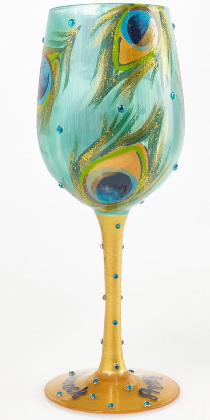 LOLITA GOLDEN PEACOCK WINE GLASS~ HAND PAINTED! GORGEOUS! WITH GIFT BOX  15oz