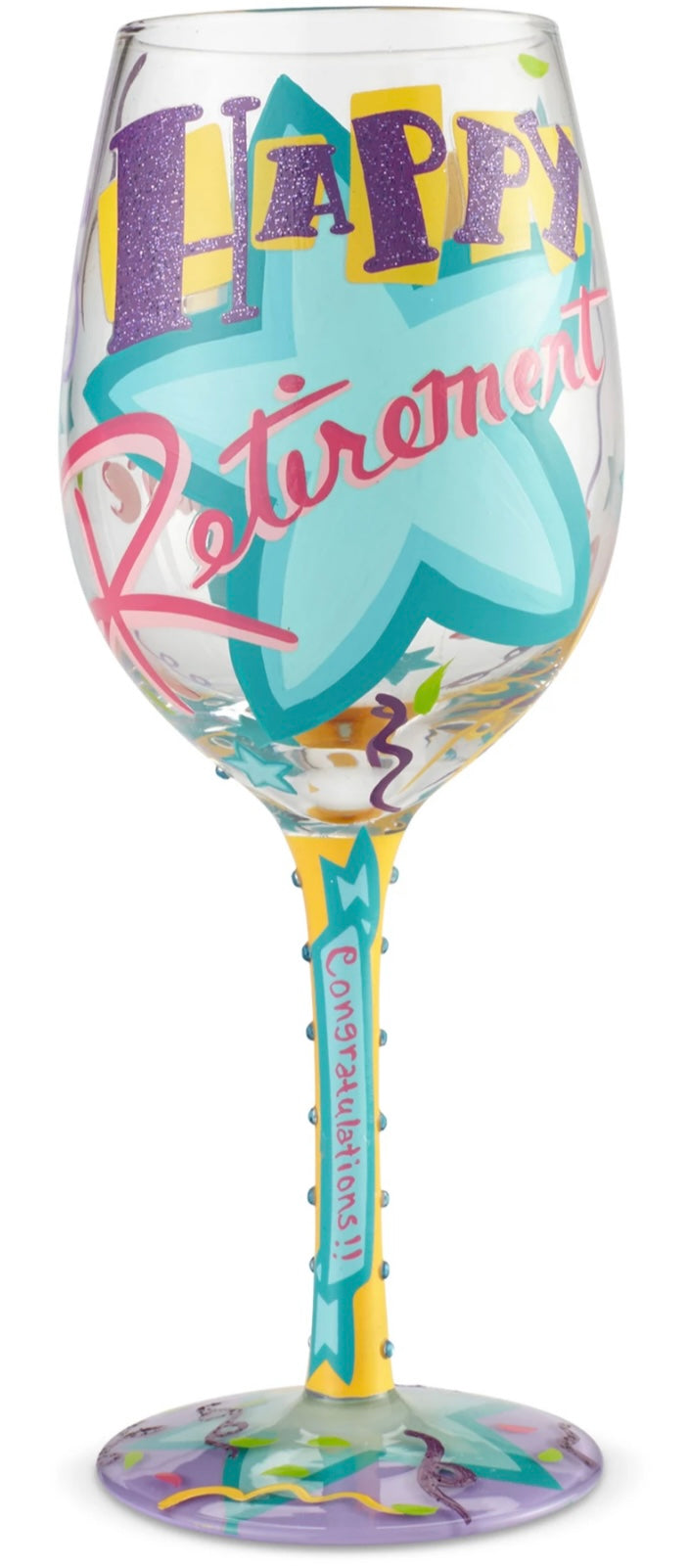 Lolita “HAPPY RETIREMENT” BLOWN GLASS WINE GLASS, 15 OZ.