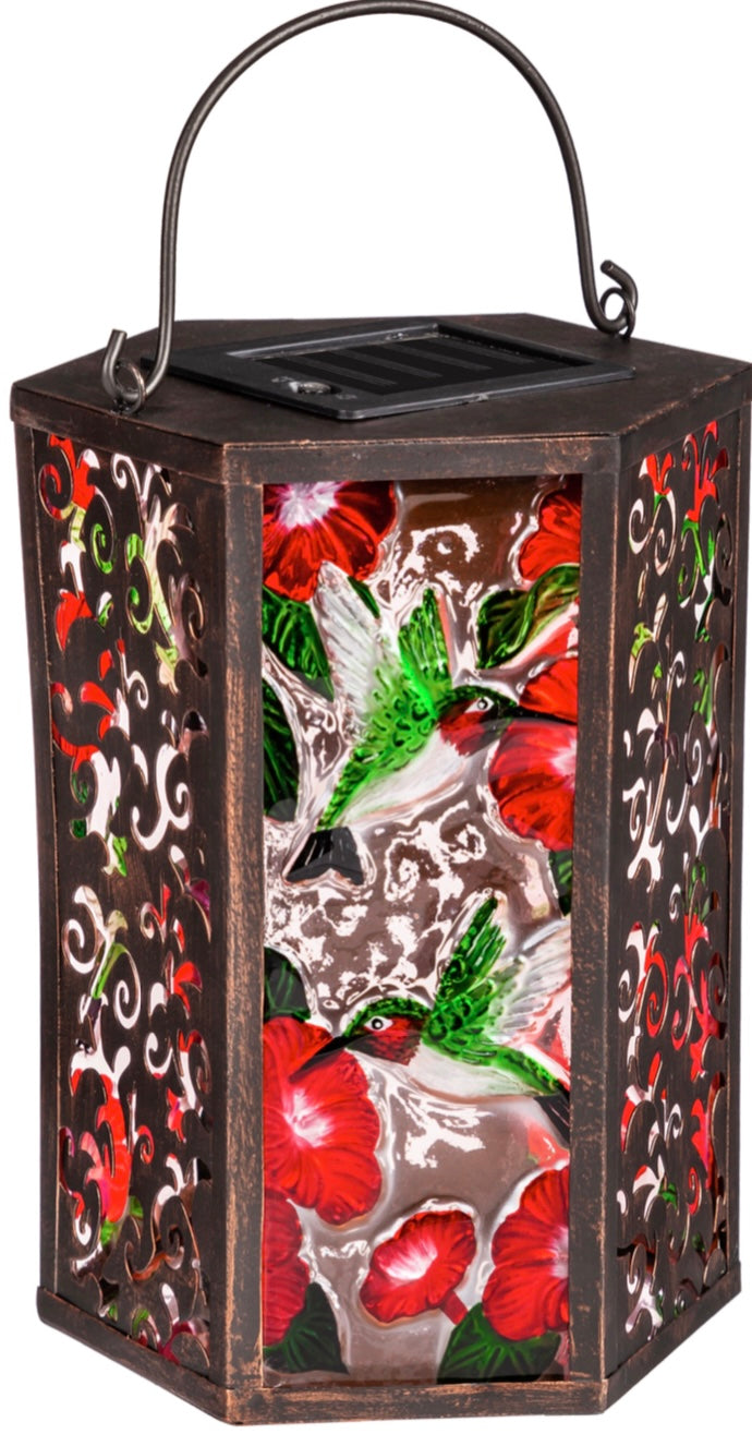 Hummingbird and Florals Metal Solar Lantern