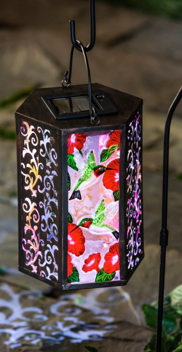 Hummingbird and Florals Metal Solar Lantern