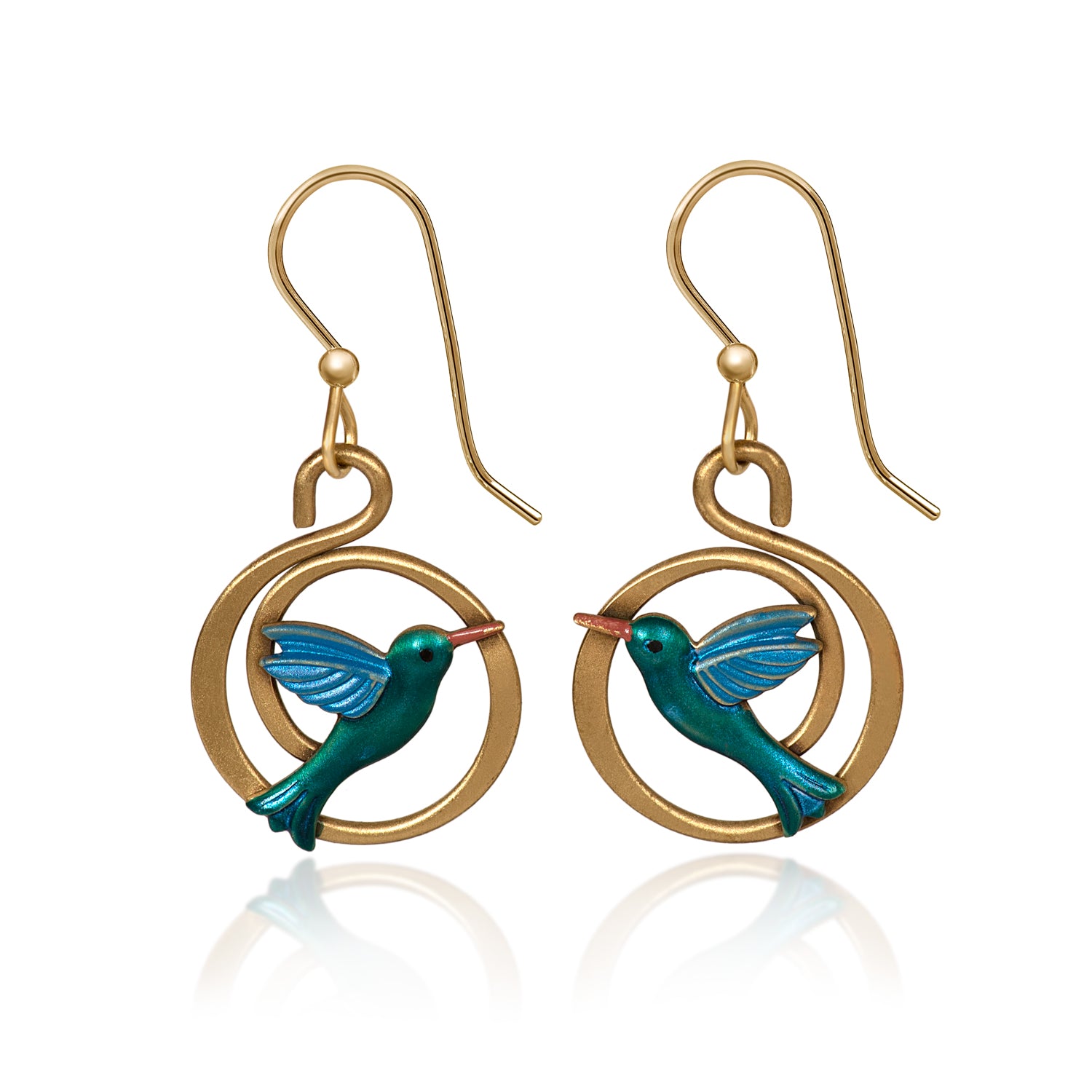 Silver Forest Teal and Gold Hummingbird Earrings