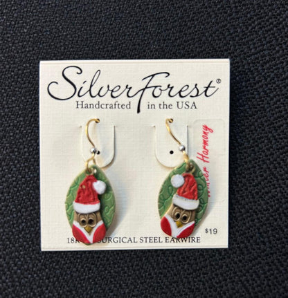 Silver Forest Santa Hat On Owl Earrings