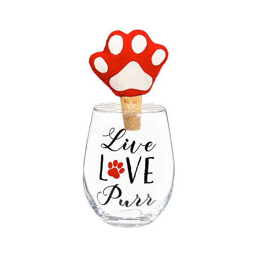 Live Love Purr Stemless Wine Glass w/Cork