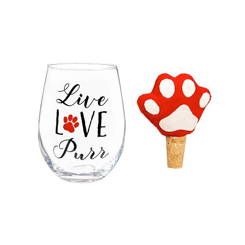 Live Love Purr Stemless Wine Glass w/Cork