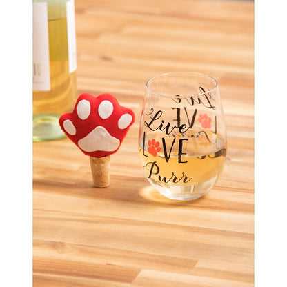 Live Love Purr Stemless Wine Glass w/Cork