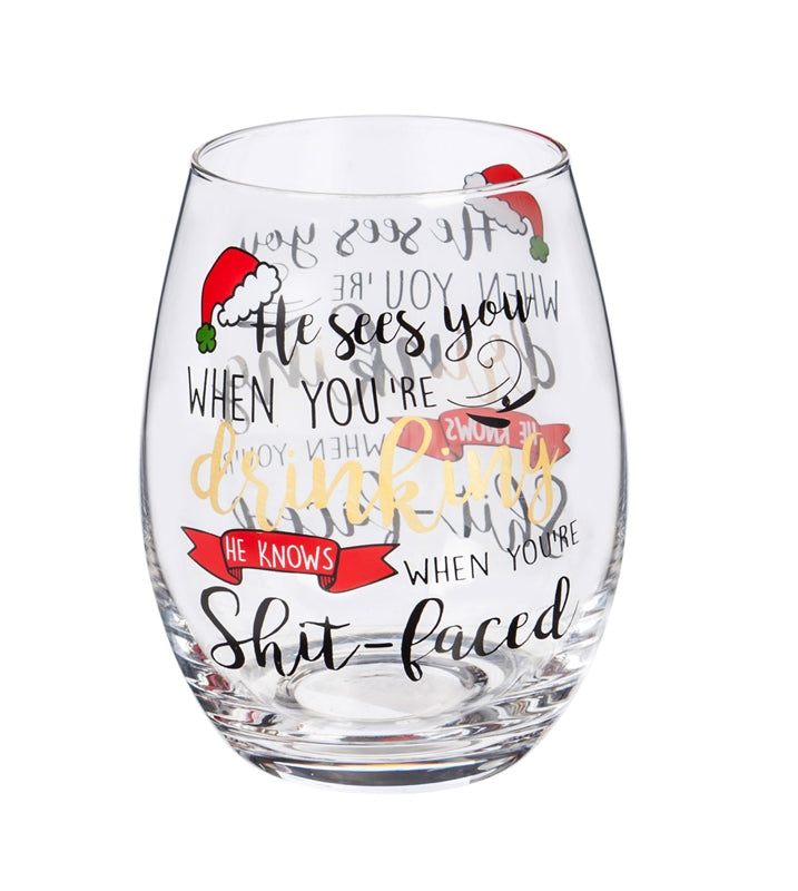 He Sees You When You're Drinking Stemless Wine Glass